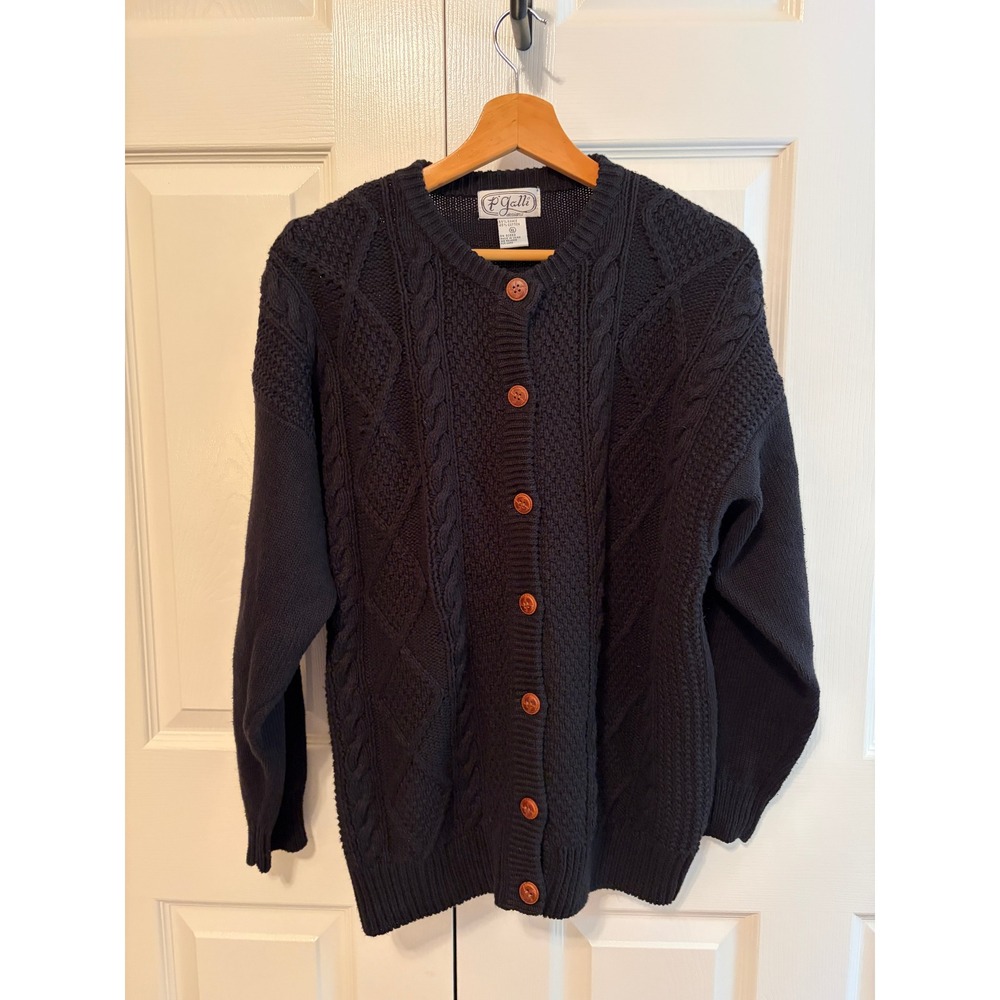 P Galli Designs Black Cable Knit Cardigan Sweater XL Heavy Ramie Cotton Blend